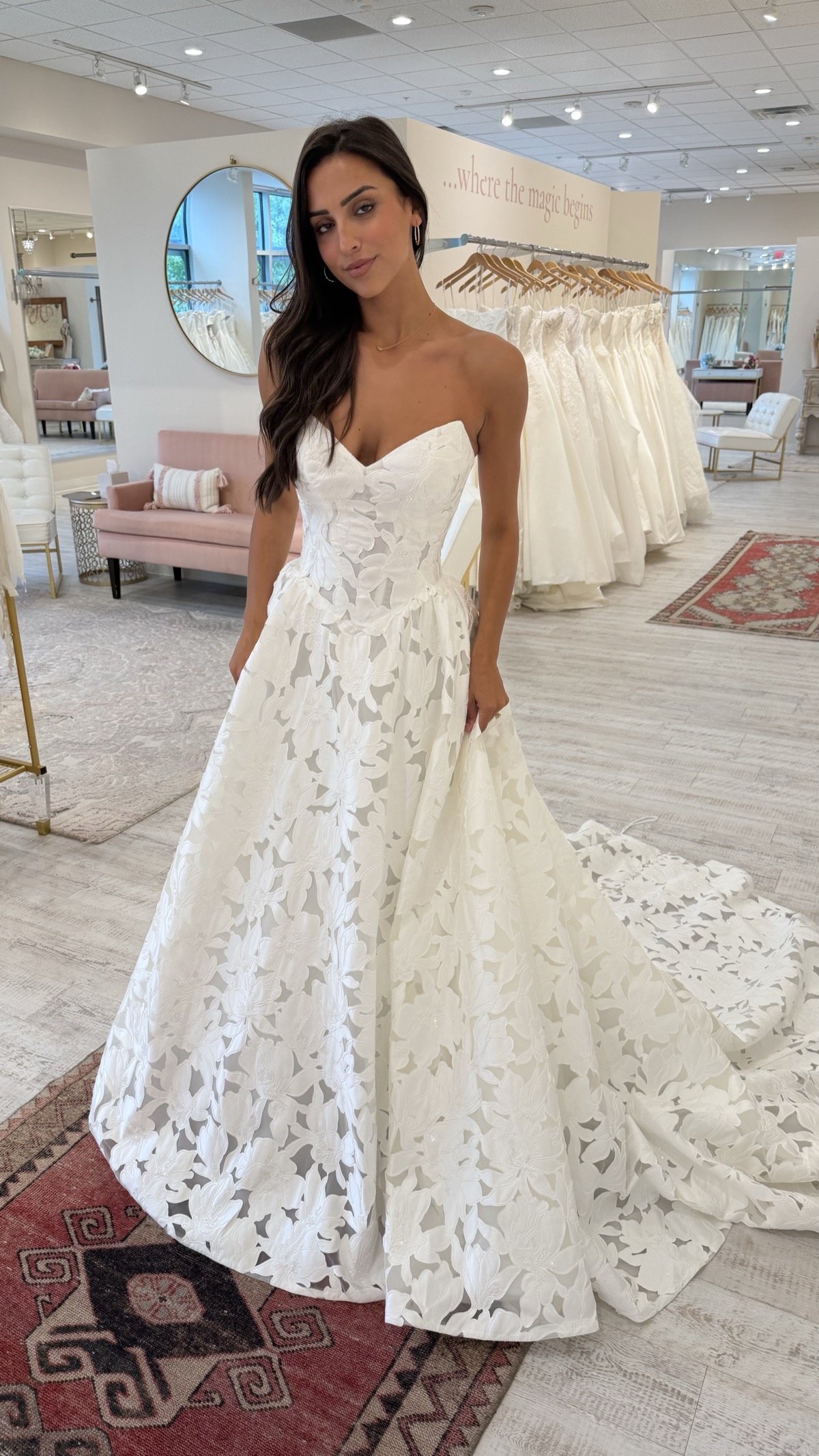Bride in Martina Liana Luxe LE1474 lace and organza A-line gown, side view