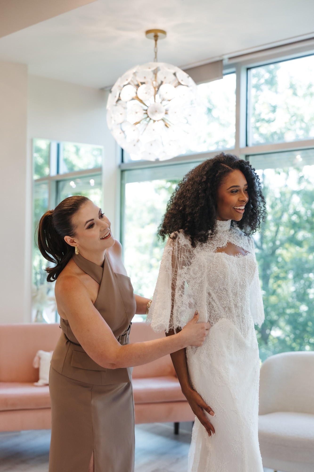 Bride being fitted with the Martina Liana ML2010 detachable lace cape