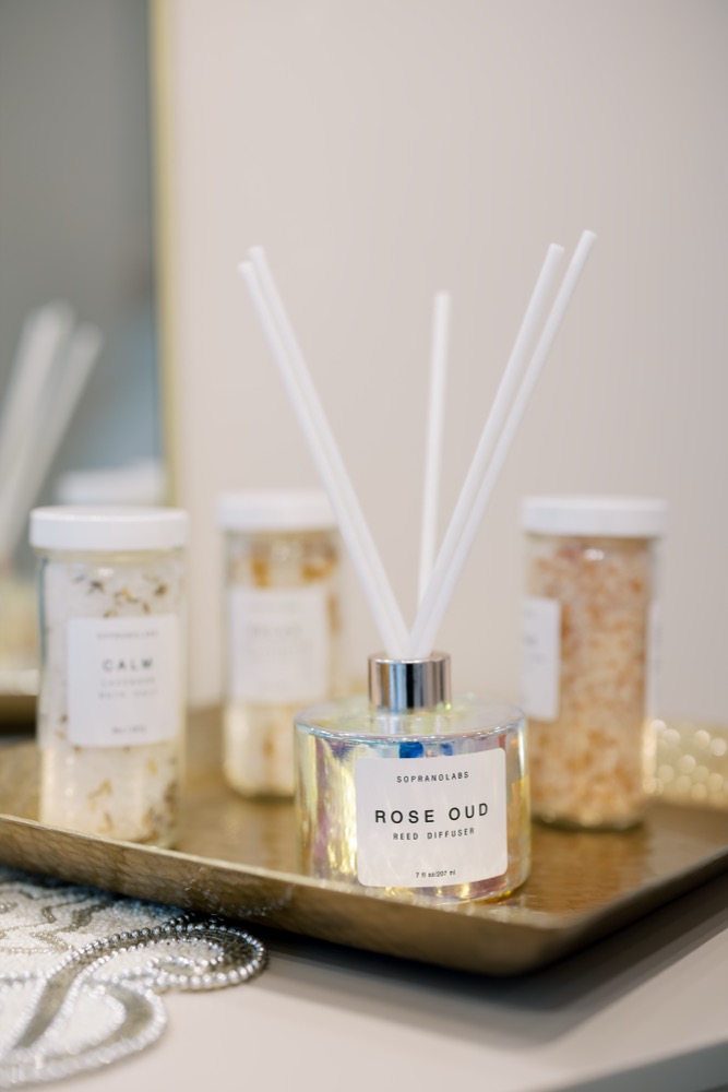 Bridal self-care essentials on a tray in the showroom
